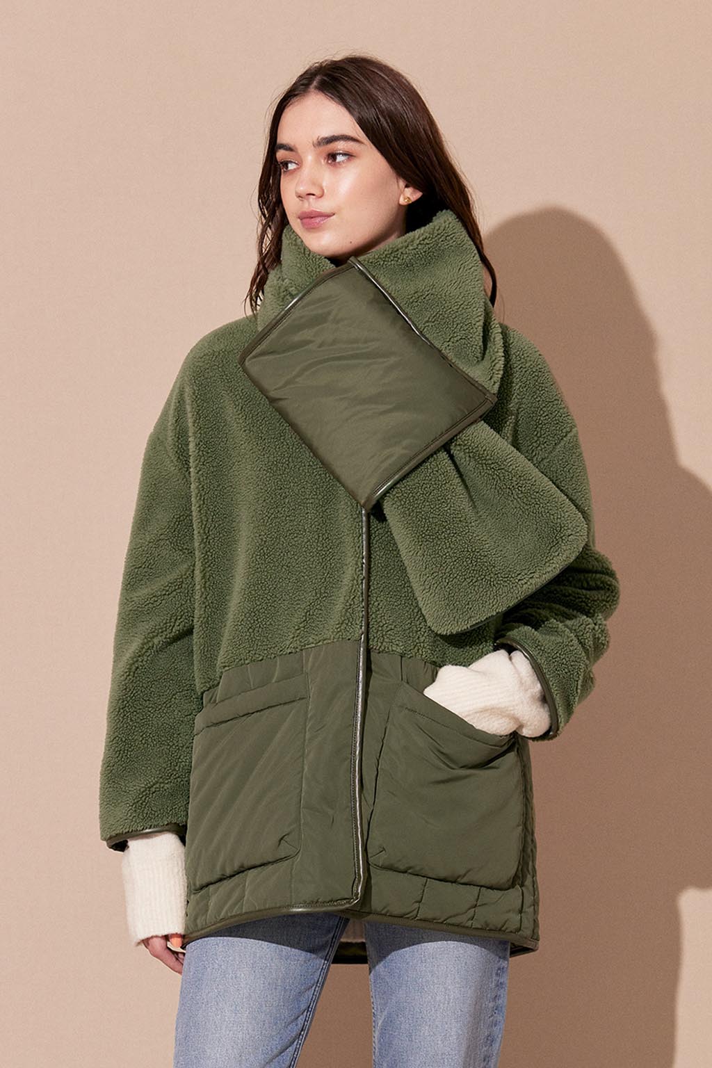 Collarless Padded Coat With Scarf Khaki