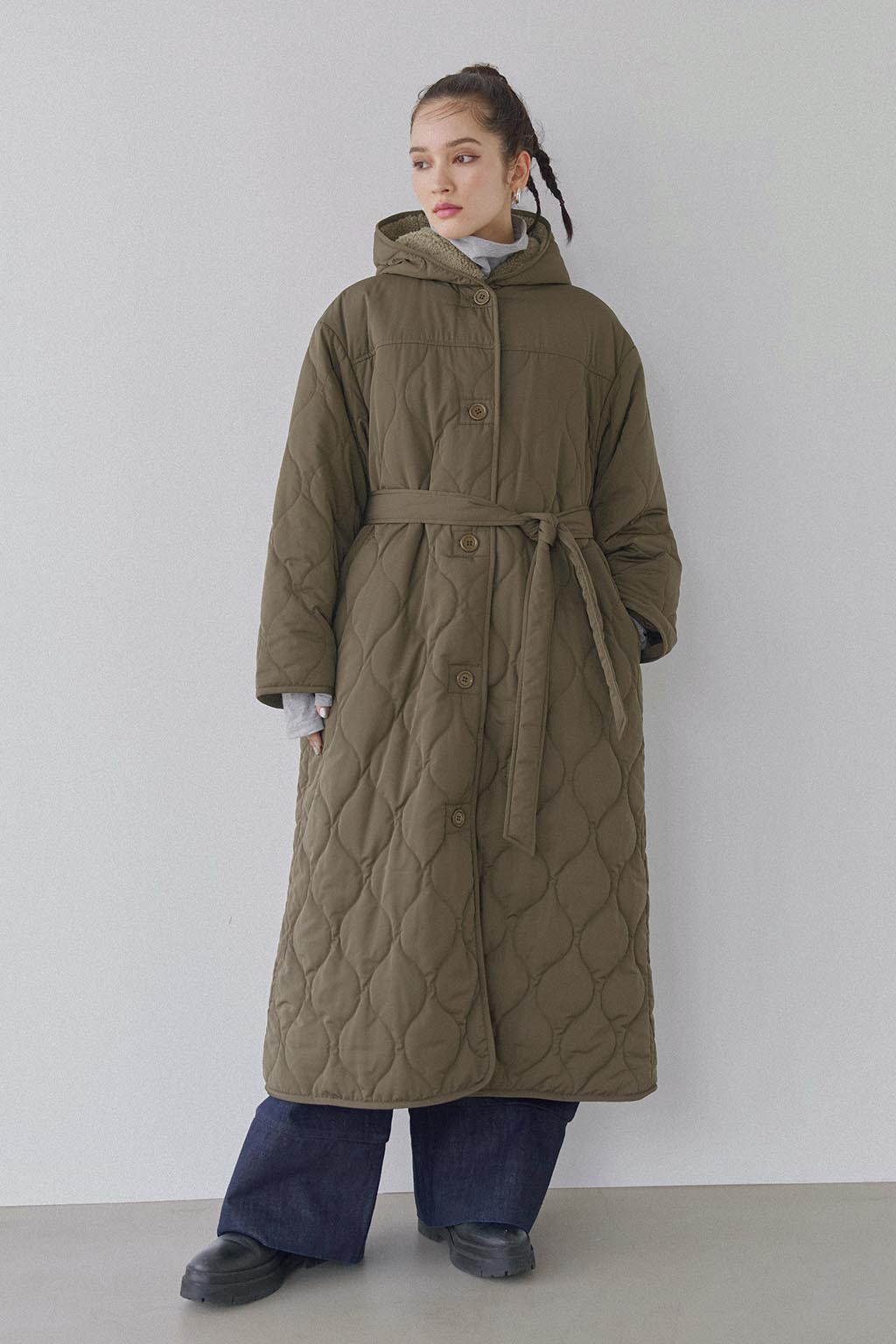 Reversible Quilting Padded Long Coat Khaki