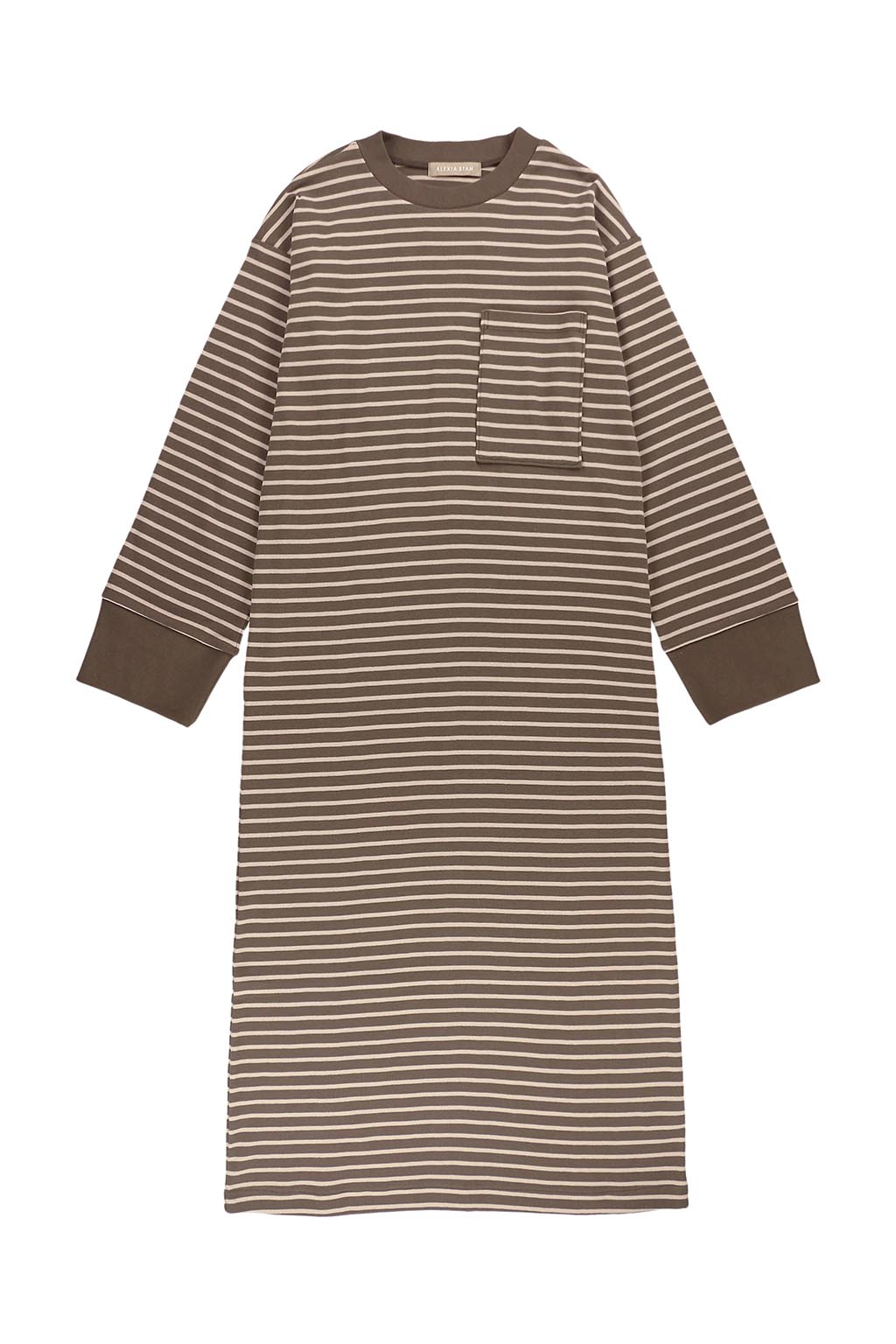 Striped Front Pocket Long Sleeve Dress Brown x Beige - ALEXIA STAM