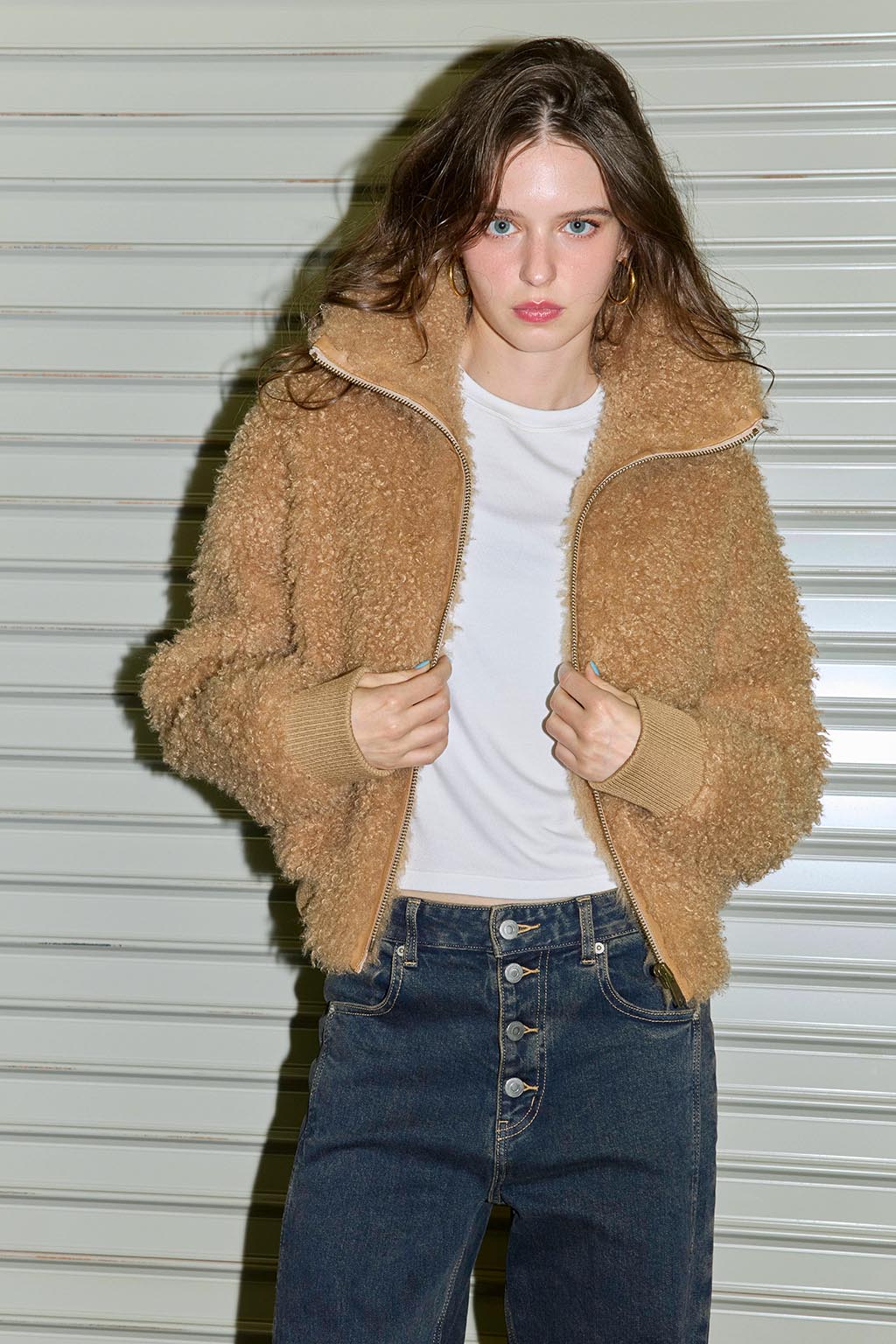 Curly Faux Fur Blouson Caramel | ALEXIA STAM